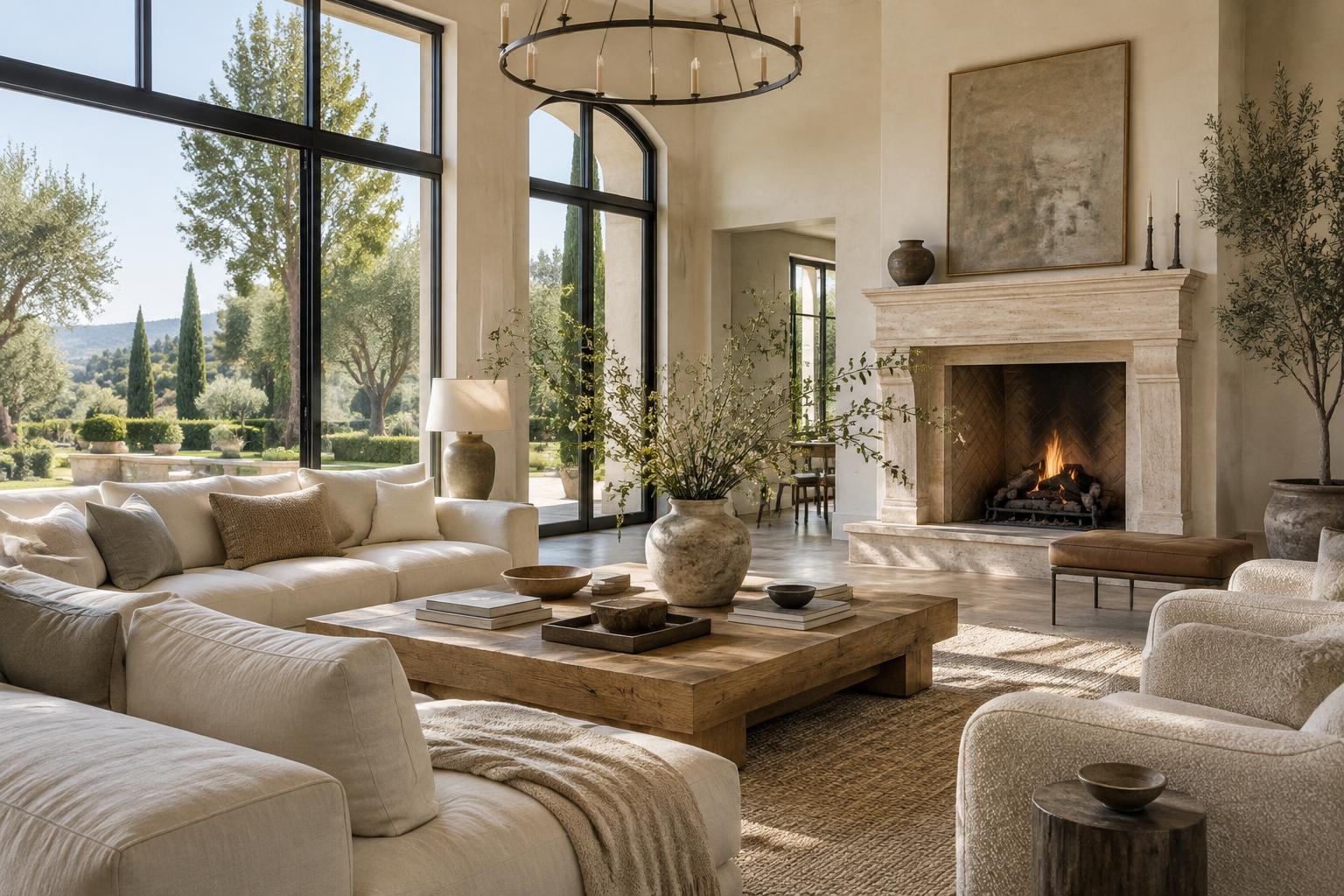 An airy estate living room with linen sofas and natural stone finishes