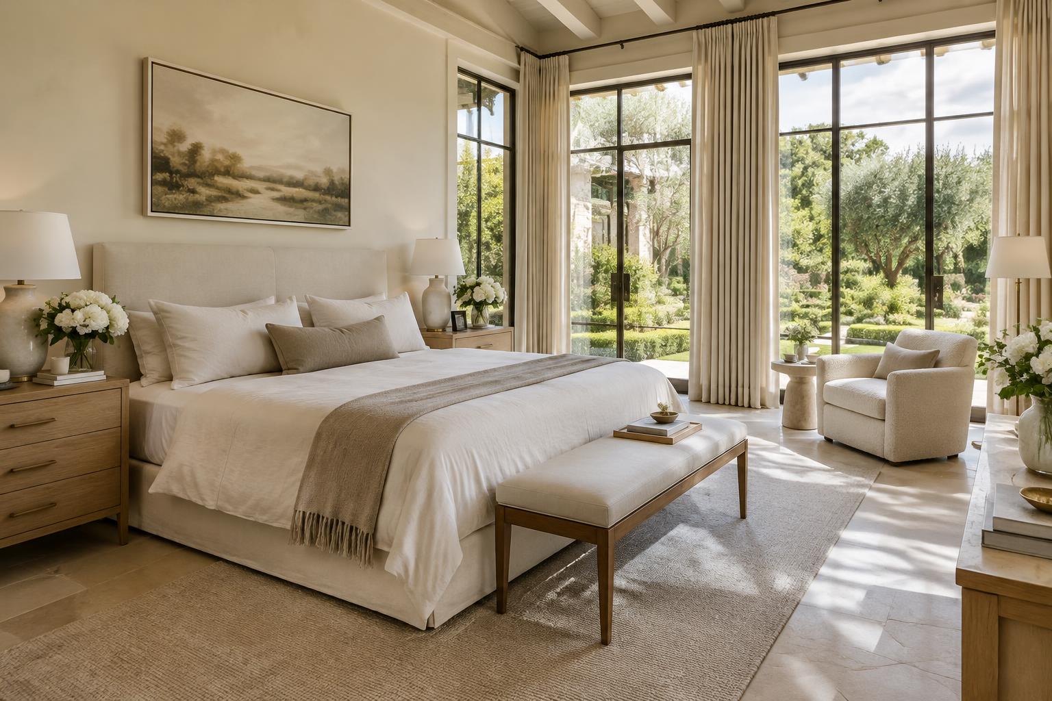 A fully prepared primary bedroom with linen bedding and garden views