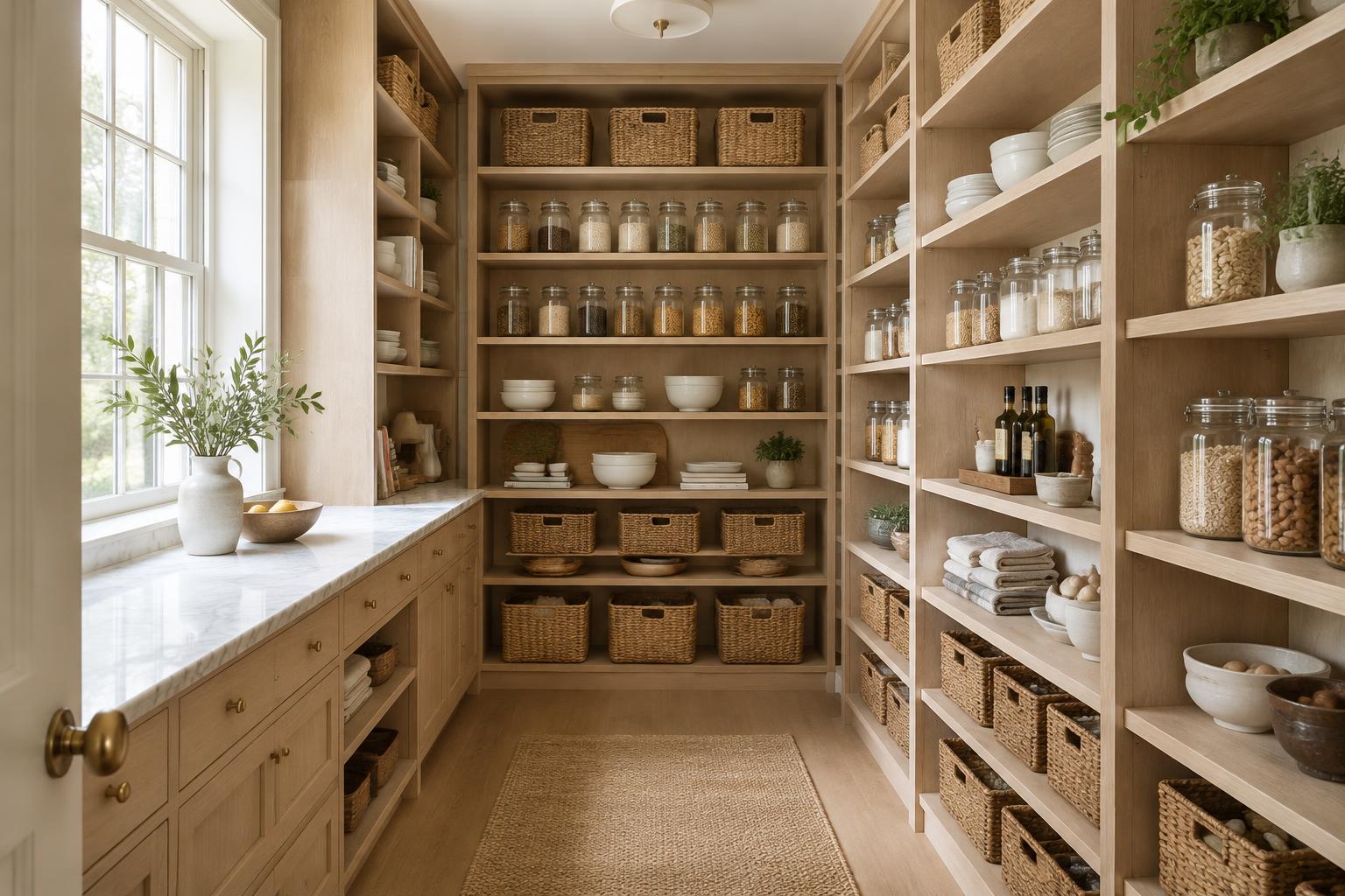 A custom oak pantry with neatly arranged jars, bowls and storage baskets
