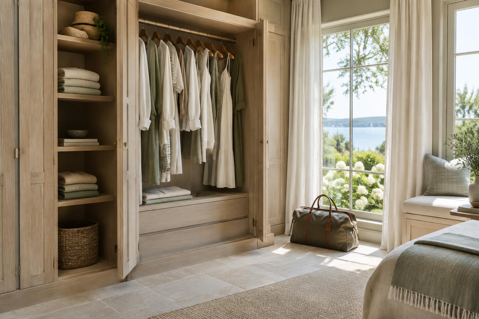 A seasonal wardrobe with organized linens and a travel bag beside a coastal view